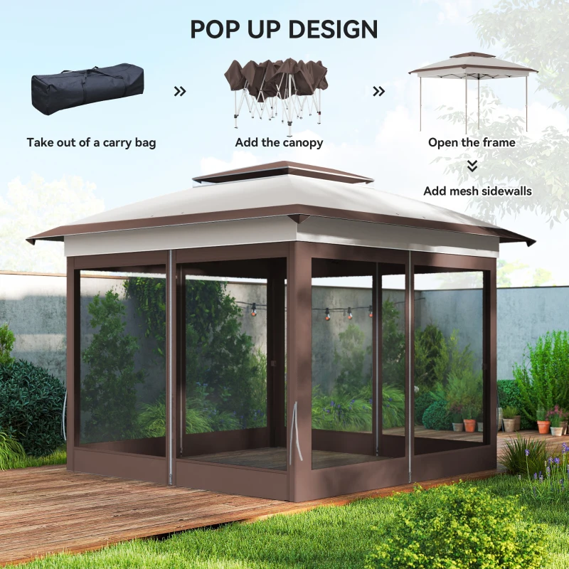 Outsunny 12' x 12' Pop Up Canopy Sun Shade Instant Tent Folding with Mesh Sidewalls, Beige and Dark Brown