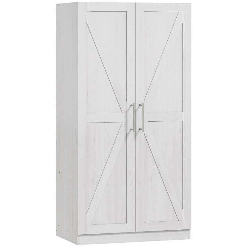 HOMCOM Wardrobe Cabinet with 2 Barn Doors and Hanging Rod, Farmhouse Armoire Wardrobe Closet for Bedroom, White Wood Effect