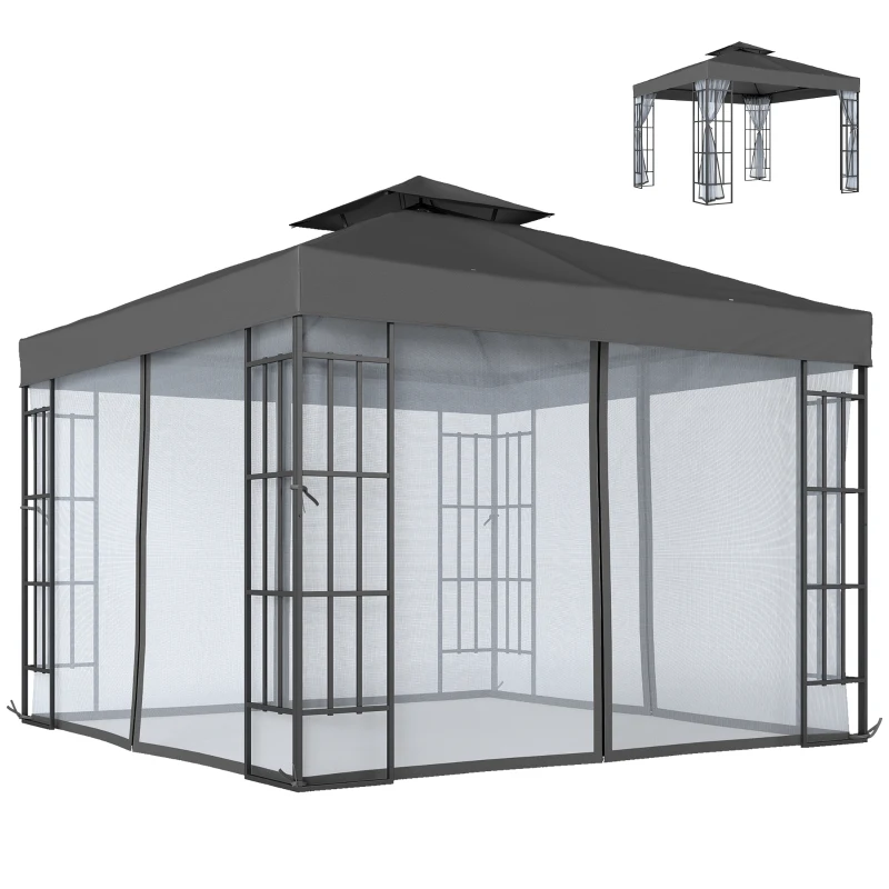 Outsunny 10'x10' Garden Gazebo Patio Canopy Portable Party Event Backyard w/ Mosquito Netting Dark Grey