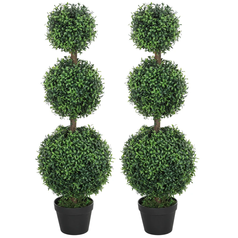 HOMCOM 2 Pack 40" Artificial Trees, Boxwood Topiary Ball Trees with Pot for Indoor, Outdoor, Home Office, Living Room, Green