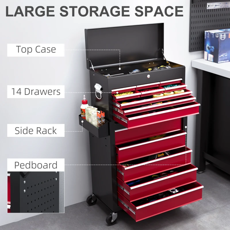 HOMCOM 14 Drawer Rolling Tool Chest, Lockable Tool Storage Cabinet with Detachable Top Toolbox, Protective Liner, Red