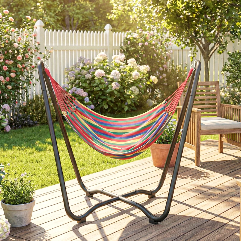 Outsunny Patio Hammock with Stand, Fabric Outdoor Hammock Bed with Stand for Beach, Yard, Bedroom, Indoor, Outdoor, Muti-Colored