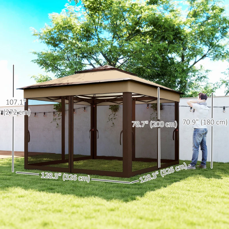 Outsunny 10.7 x 10.7ft Pop Up Gazebo, Adjustable Instant Sun Shelter with UV30+ Roof Cover, Removable Mesh Curtains, Beige