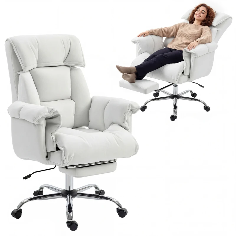 HOMCOM High Back Office Chair, Reclining Desk Chair with Footrest, High Resilience Foam, Rolling Wheels, Cream White