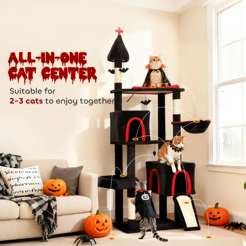 PawHut 78" Gothic Cat Tree, Cat Tower with Coffin Bed, 2 Spacious Condos, Sisal Scratching Posts, Bat Hanging Balls, Halloween