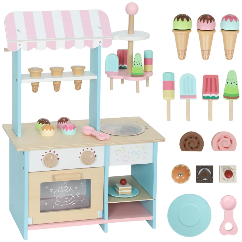 Qaba Wooden Ice Cream Toy Shop Kids, Pretend Play Food Store with Toy Food and Oven for Boys and Girls Aged 3+