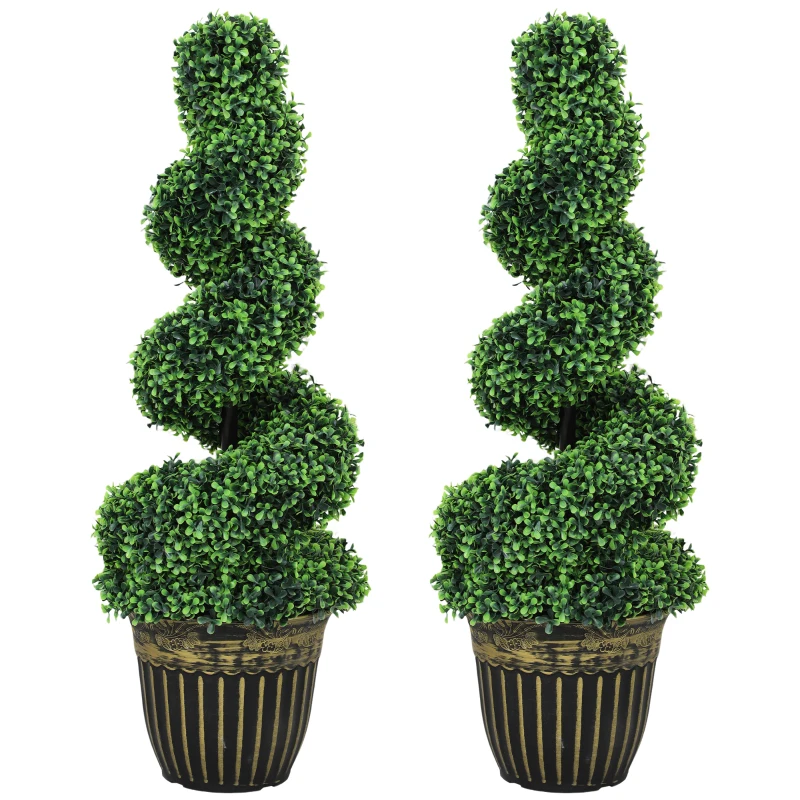 HOMCOM Set of 2 Artificial Plants, Topiary Spiral Boxwood Trees with Pot, for Home Indoor Outdoor Decor, 90cm