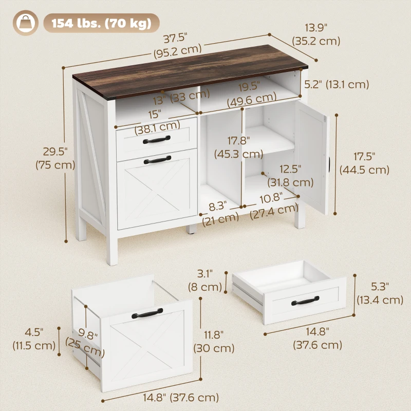 HOMCOM Lateral Filing Cabinet for Letter/A4 Hanging Files, File Cabinet with Open Compartments for Home Office, White
