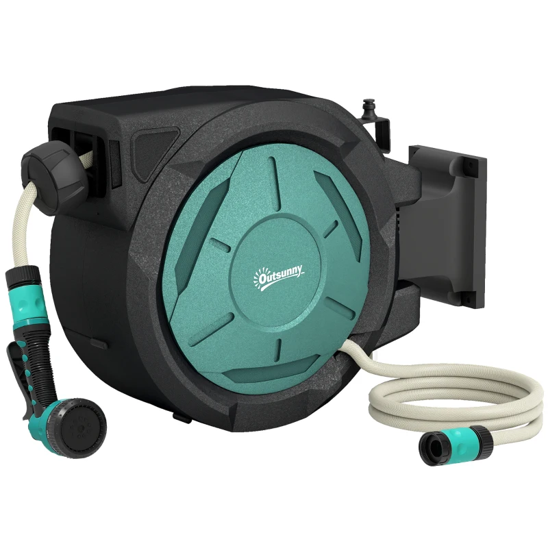 Outsunny 1/2 in x 65ft Wall Mounted Garden Hose Reel, Retractable Water Hose Reel with Auto Rewind, Any Length Lock, Blue
