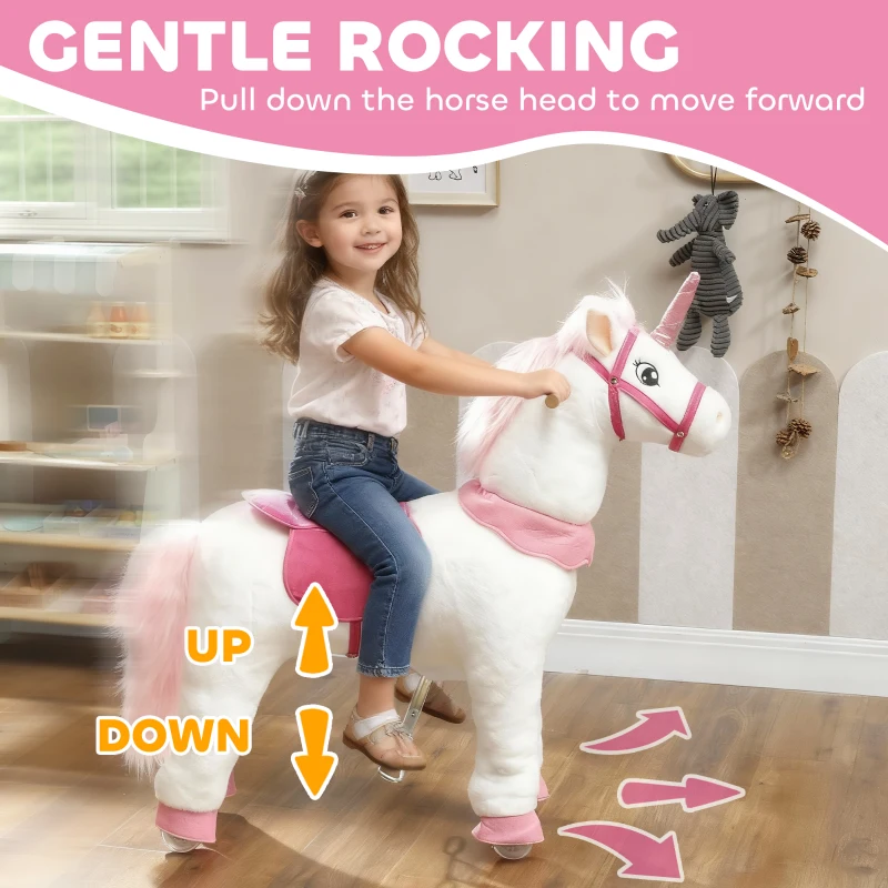 Qaba Ride on Unicorn Toy for Kids 4-7 Years, 37.8 Inch Plush Baby Rocking Horse with Wheels, No Battery Required, White