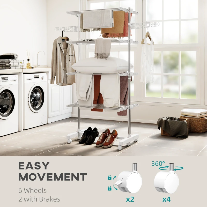 HOMCOM Garment Drying Rack Stainless Steel Folding Clothes Hanging Rack with Side Wings Castors for Indoor Outdoor White