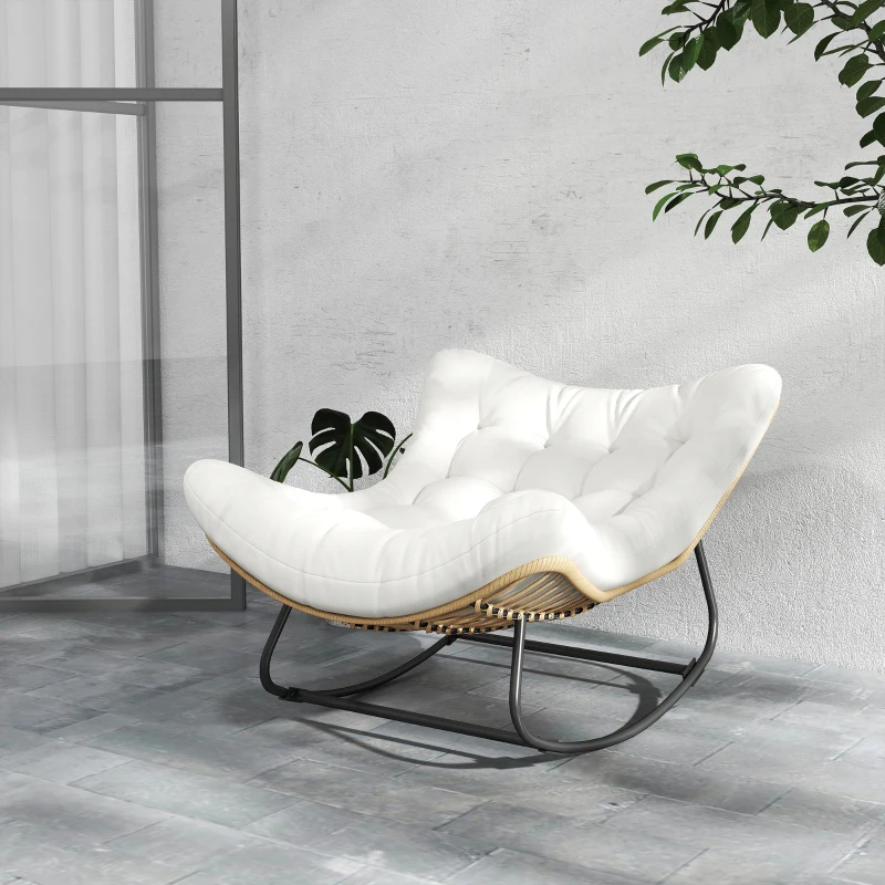Outsunny Oversized Rattan Patio Egg Chair, Outdoor Rocking Chair with Padded Cushion for Indoor, Porch, Cream White