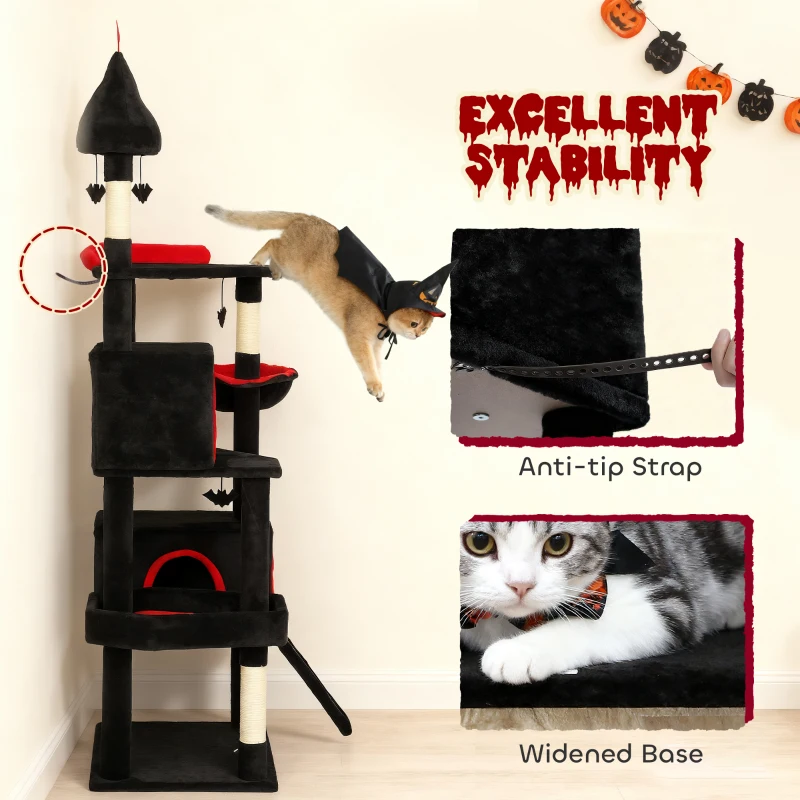PawHut 78" Gothic Cat Tree, Cat Tower with Coffin Bed, 2 Spacious Condos, Sisal Scratching Posts, Bat Hanging Balls, Halloween