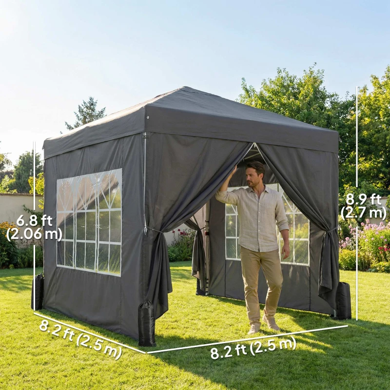 Outsunny 8.2 x 8.2 ft Pop Up Canopy Tent with 4 Sidewalls, UPF 50+ Outdoor Instant Canopy with 4 Sandbags, Carry Bag, Dark Grey