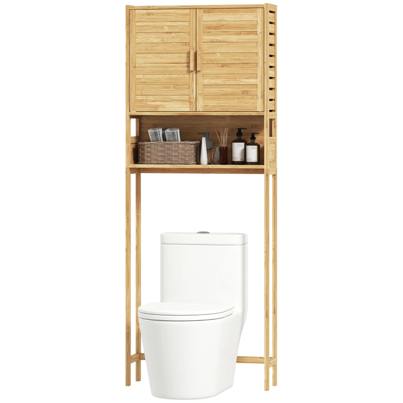 HOMCOM Over the Toilet Cabinet, Bathroom Organizer with 2 Doors, Open Compartment and Adjustable Shelf, Natural Wood Finish