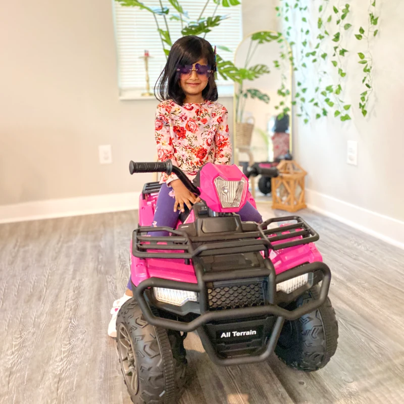Aosom 12V Kids ATV Quad, 4 Wheeler Battery Powered Electric Vehicle with Music MP3, Headlights, High Low Speed, Treaded Tires, for Boys and Girls Ages 37-60 Months, Pink