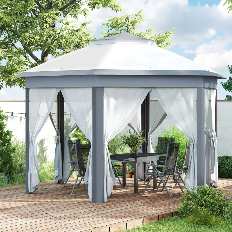 Outsunny 13' x 13' Pop Up Gazebo Hexagonal Canopy Shelter with 6 Zippered Mesh Netting for Patio Backyard Garden Wedding Party
