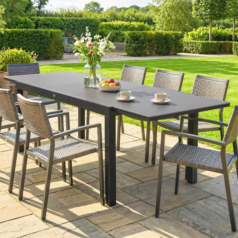 Outsunny Expandable Outdoor Dining Table, 55"-95" Patio Table with Tempered Glass Top and Aluminum Frame, Black