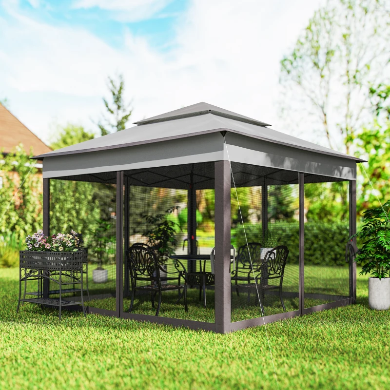 Outsunny 11' x 11' Pop Up Canopy 2-Tier Soft Top Shelter Event Tent w/ Netting Carry Bag for Patio Backyard Garden, Mixed Grey