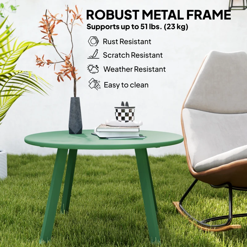 Outsunny Round Outdoor Side Table, Patio Coffee Table with Metal Frame and Non-Slip Foot Pads, Green