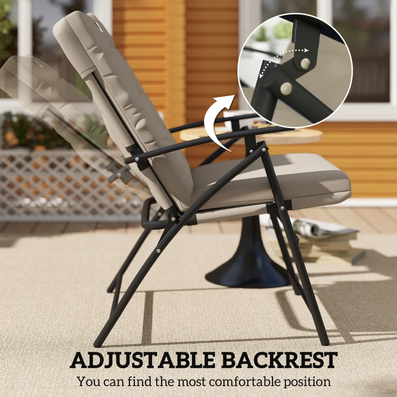 Outsunny Set of 2 Outdoor Folding Chairs with Adjustable Backrest, Padded Camping Chairs for Outdoor Events, Khaki