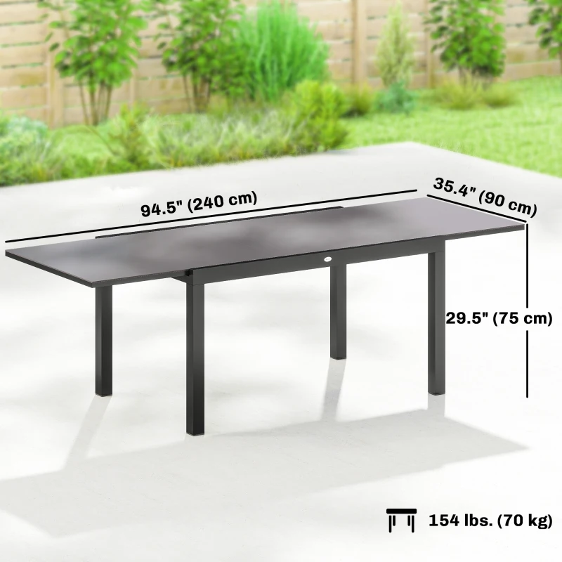 Outsunny Expandable Outdoor Dining Table, 55"-95" Patio Table with Tempered Glass Top and Aluminum Frame, Black