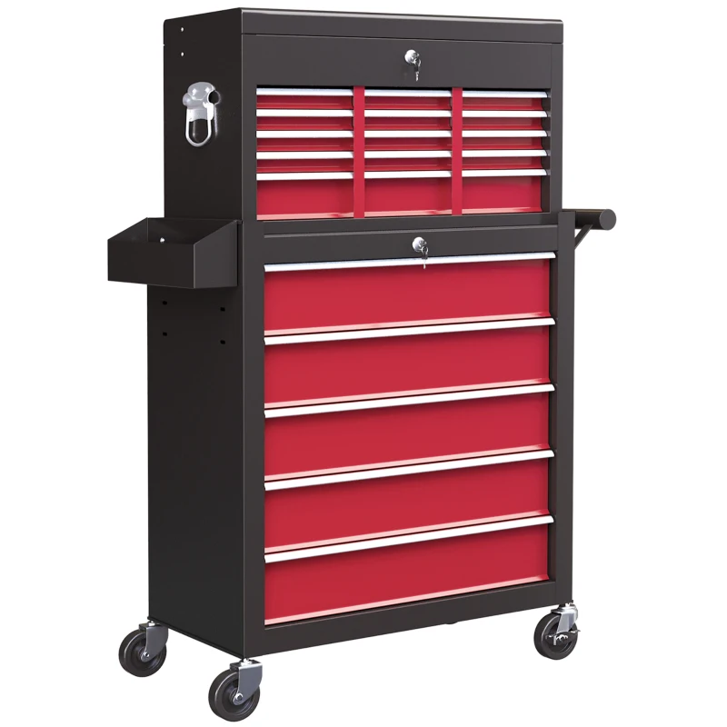 HOMCOM 14 Drawer Rolling Tool Chest, Lockable Tool Storage Cabinet with Detachable Top Toolbox, Protective Liner, Red