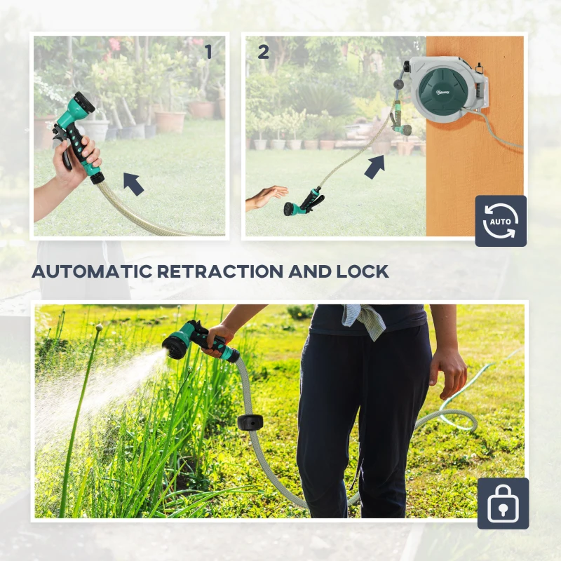 Outsunny 1/2 in x 65ft Wall Mounted Garden Hose Reel, Retractable Water Hose Reel with Auto Rewind, Any Length Lock, Green
