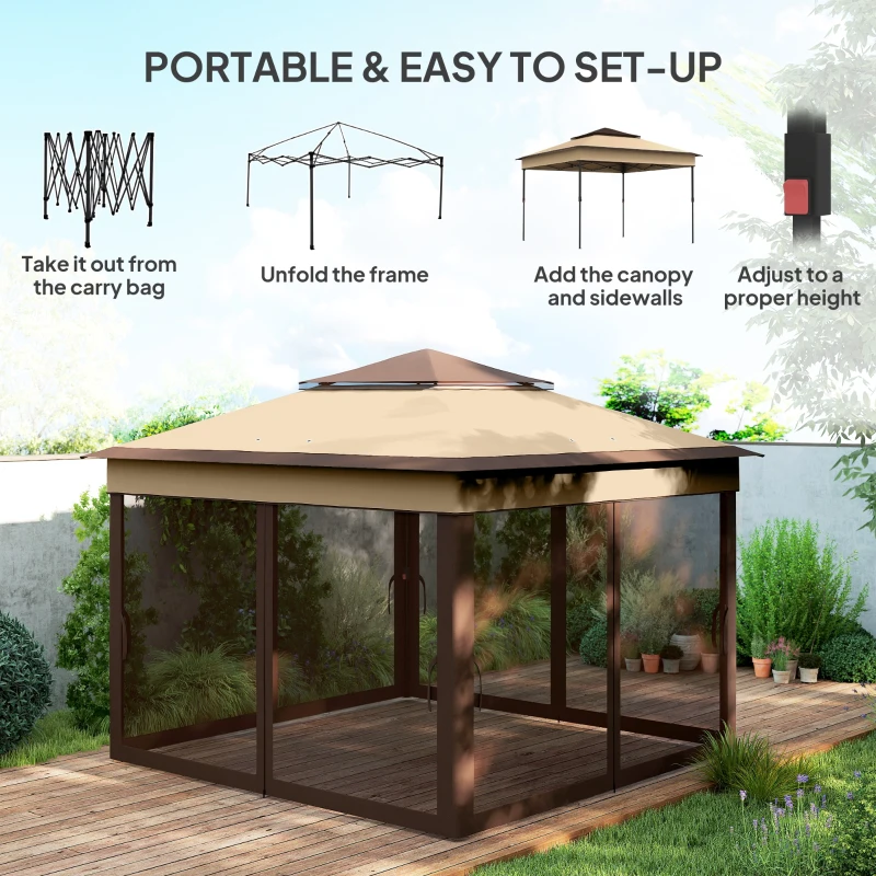 Outsunny 10.7 x 10.7ft Pop Up Gazebo, Adjustable Instant Sun Shelter with UV30+ Roof Cover, Removable Mesh Curtains, Beige