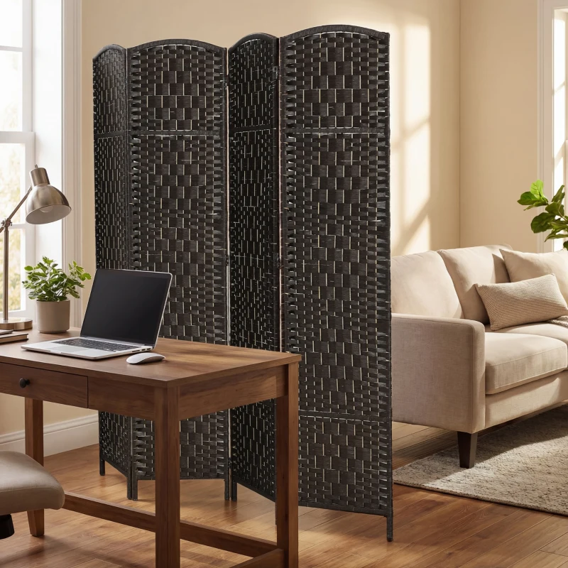 HOMCOM Room Divider, 4 Panel Folding Privacy Screen, 70.9" Tall Portable Weave Partition Wall Divider for Bedroom, Coffee