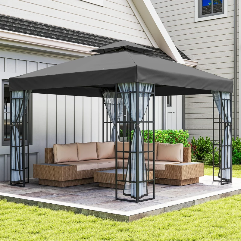 Outsunny 10'x10' Garden Gazebo Patio Canopy Portable Party Event Backyard w/ Mosquito Netting Dark Grey