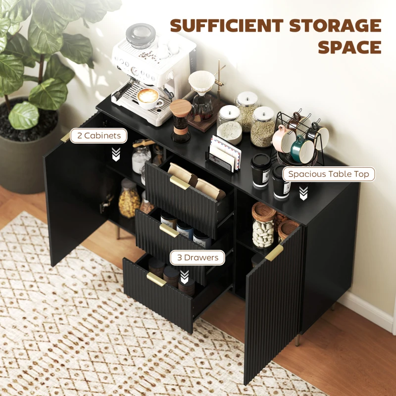 HOMCOM Modern Kitchen Storage Cabinet, Sideboard Buffet Cabinet w/ 3 Drawers and Adjustable Shelves for Kitchen Hallway, Black