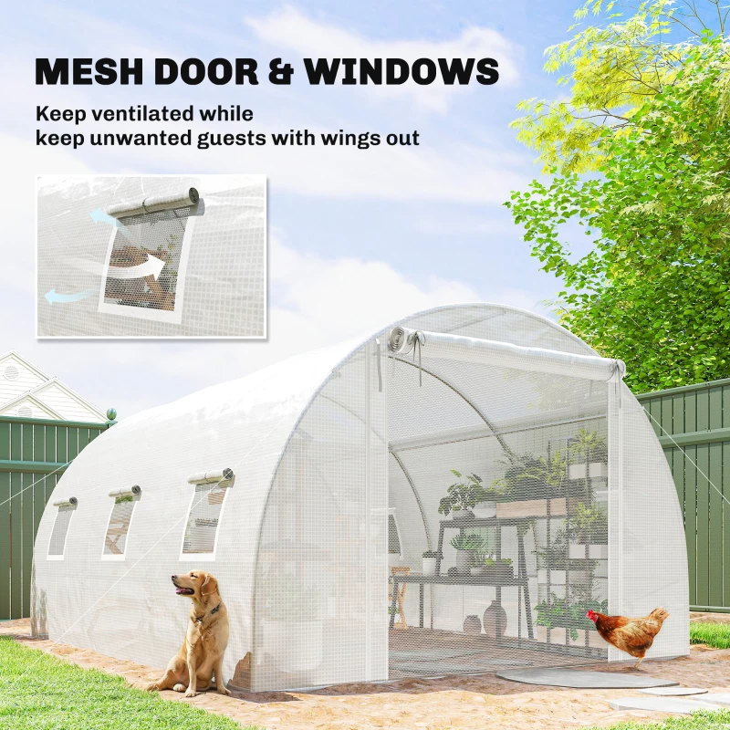 Outsunny Tunnel Greenhouse, Plant Hot House w/ Support Rods, Roll-up Mesh Door, Mesh Windows, UV/Wind Resistant, 13'x9.8'x6.6', White