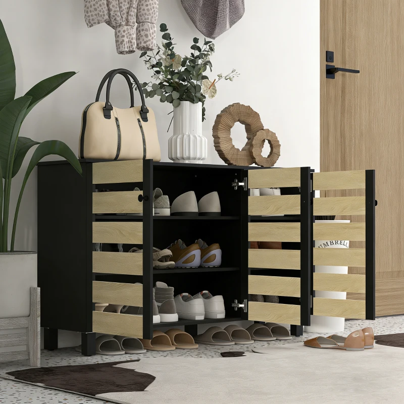 HOMCOM Shoe Cabinet with 3 Slatted Doors, 3-tier Shelving Rack Cabinet with Adjustable Shelves for 15 Pairs of Shoes, Black