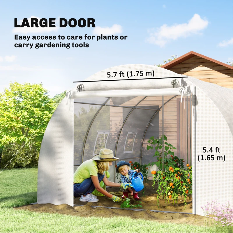 Outsunny Tunnel Greenhouse, Plant Hot House w/ Support Rods, Roll-up Mesh Door, Mesh Windows, UV/Wind Resistant, 13'x9.8'x6.6', White