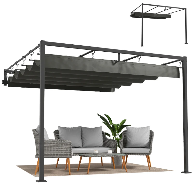 Outsunny 10' x 10' Retractable Pergola Canopy, Wall-Mounted Pergola, Outdoor Sun Shade Shelter for Garden, Balcony, Dark Grey