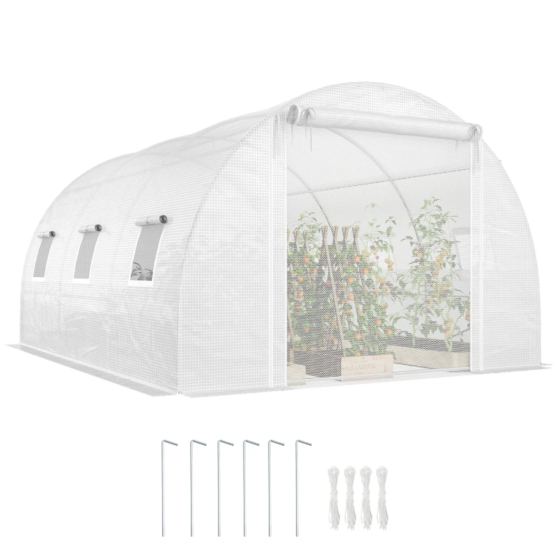 Outsunny Tunnel Greenhouse, Plant Hot House w/ Support Rods, Roll-up Mesh Door, Mesh Windows, UV/Wind Resistant, 13'x9.8'x6.6', White