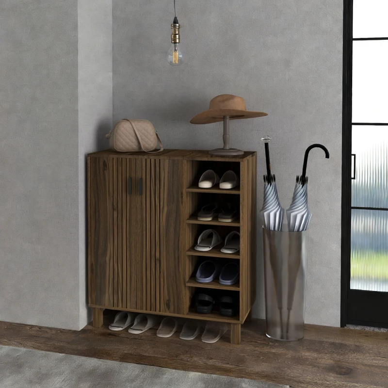 HOMCOM Shoe Storage with Double Doors and Open Shelves 17 Pair Shoe Storage Organizer for Entryway Hallway Walnut
