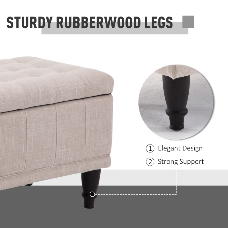 HOMCOM Storage Ottoman, Linen Fabric End of Bed Bench with Soft Close Lid, Button Tufted Storage Bench for Living Room, Entryway or Bedroom, 42" x 17" x 19", Beige