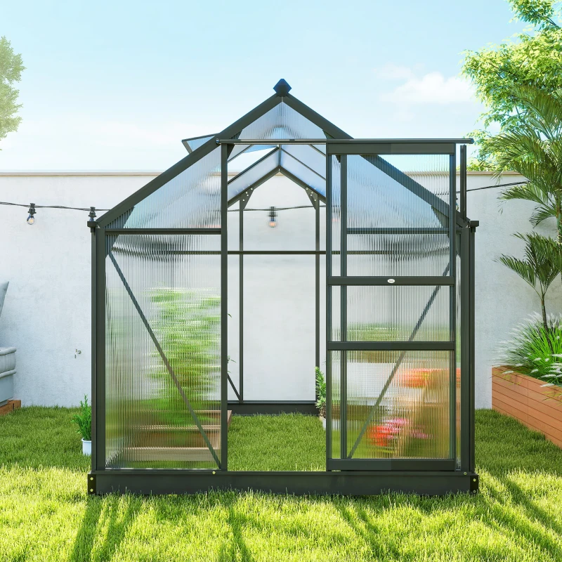 Outsunny Polycarbonate Greenhouse, Heavy Duty Outdoor Aluminum Walk-in Green House Kit Vent Door, 6.2'x6.2'x6.6' Gray