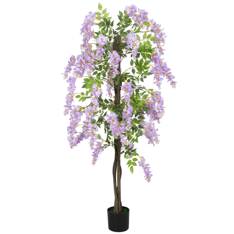 HOMCOM 5.9FT Fake Wisteria Tree with Natural Wood Trunk, Artificial Plant in Nursery Pot, Greenery Tall Faux Floor Plant Purple