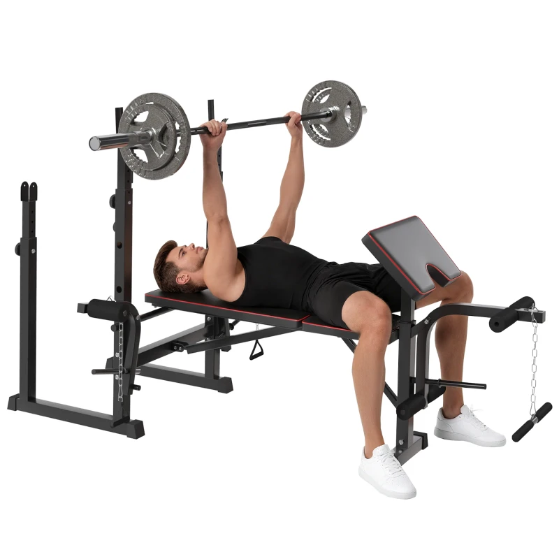 Soozier Weight Bench with Barbell Rack, Preacher Curl Bench, Leg Curl Machine for Home Weight Lifting Strength Training
