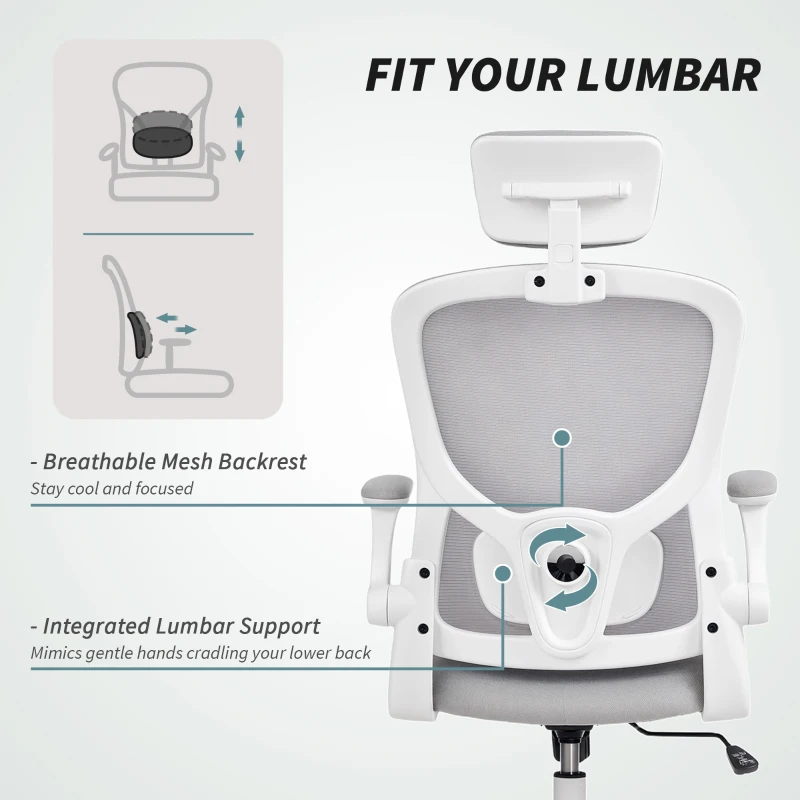 HOMCOM Ergonomic Office Chair, Mesh Desk Chair with Adjustable Headrest, Lumbar Support and Height, Flip-Up Armrests, Grey