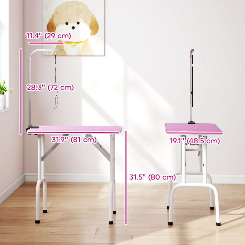 PawHut Foldable Pet Grooming Table for Dogs Cats with Adjustable Arm, Non-slip Surface, Pink