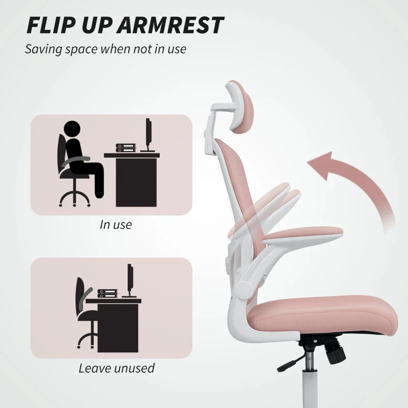 HOMCOM Ergonomic Office Chair, Mesh Desk Chair with Adjustable Headrest, Lumbar Support and Height, Flip-Up Armrests, Pink