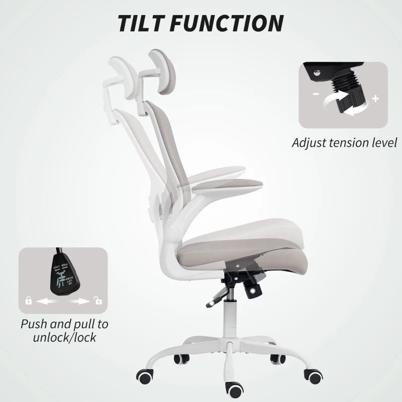 HOMCOM Ergonomic Office Chair, Mesh Desk Chair with Adjustable Headrest, Lumbar Support and Height, Flip-Up Armrests, Grey