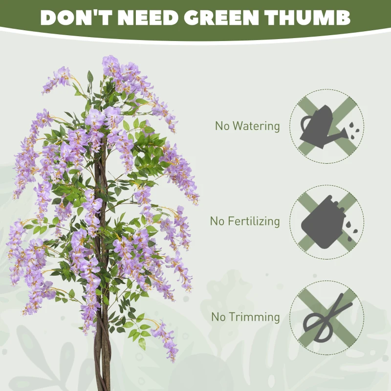 HOMCOM 5.9FT Fake Wisteria Tree with Natural Wood Trunk, Artificial Plant in Nursery Pot, Greenery Tall Faux Floor Plant Purple