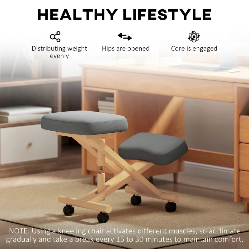 HOMCOM Ergonomic Kneeling Chair, Posture Chair with Rubberwood Frame, Wheels for Office, Posture Correction, Dark Grey