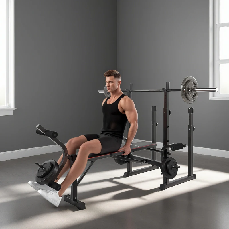 Soozier Weight Bench with Barbell Rack, Preacher Curl Bench, Leg Curl Machine for Home Weight Lifting Strength Training