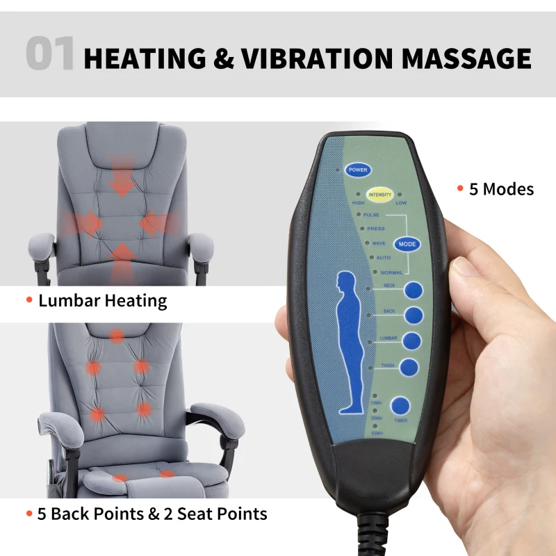 Vinsetto 7-Point Vibrating Massage Chair, Reclining Office Chair with Footrest, Reclining Back, Adjustable Height, Grey